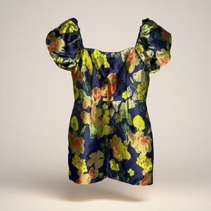 NWT Lulus Puff Sleeve Floral Jacquard Mini Dress Navy Gold Size Large